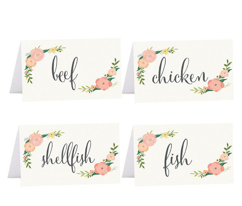 Food Station Buffet Menu Place Cards, Floral Roses-Set of 20-Andaz Press-Beef, Chicken, Fish, Shellfish-