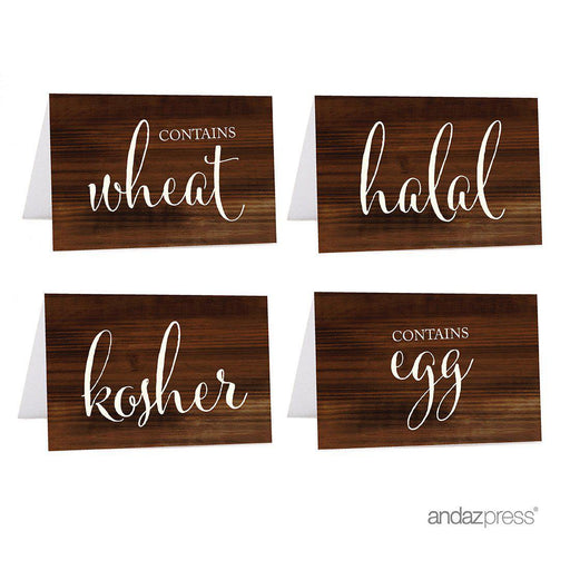 Food Station Buffet Menu Place Cards, Rustic Wood-Set of 20-Andaz Press-Kosher, Halal, Egg, Wheat-