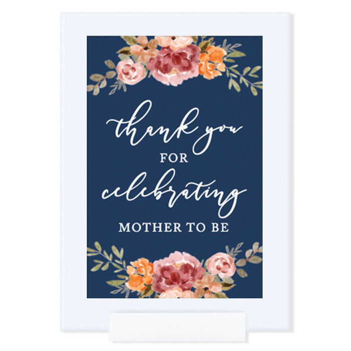 Framed Navy Blue with Orange Pink Fall Watercolor Flowers Party Sign Baby Shower Collection, Reusable Photo Frame-Set of 1-Andaz Press-Mother To Be-