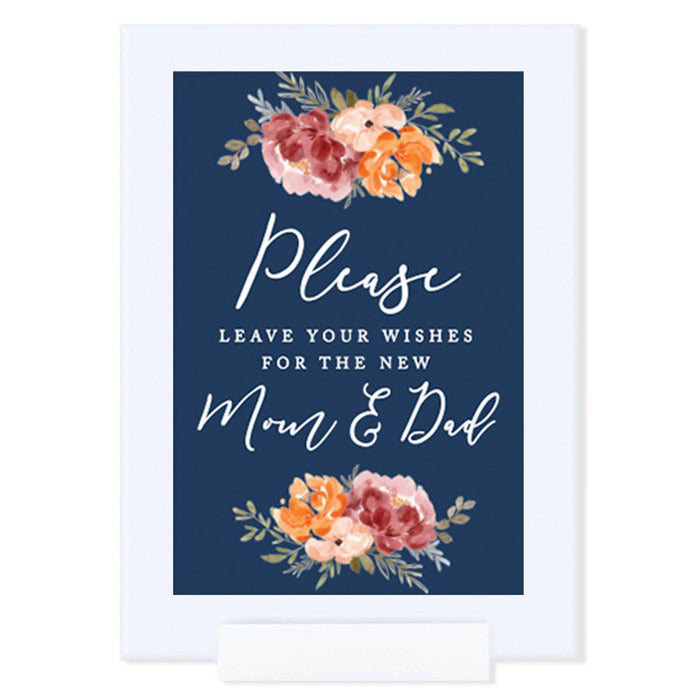 Framed Navy Blue with Orange Pink Fall Watercolor Flowers Party Sign Baby Shower Collection, Reusable Photo Frame-Set of 1-Andaz Press-New Mom & Dad-