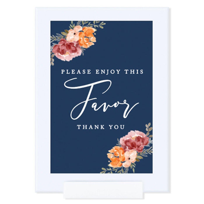 Framed Navy Blue with Orange Pink Fall Watercolor Flowers Party Sign Baby Shower Collection, Reusable Photo Frame-Set of 1-Andaz Press-Please Enjoy-
