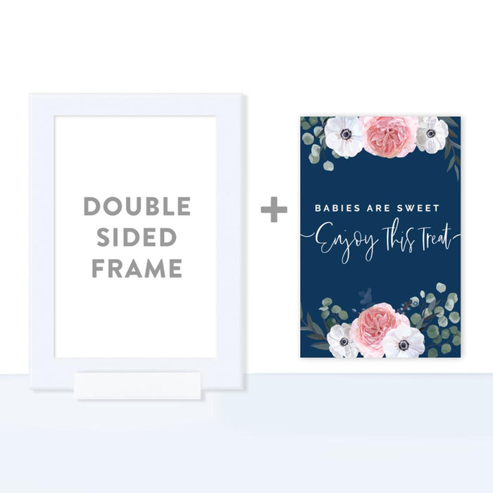 Framed Winter Navy Blue with Eucalyptus Blossoms Party Sign Baby Shower, Floral Graphic Design, Reusable Photo Frame-Set of 1-Andaz Press-Babies Are Sweet-