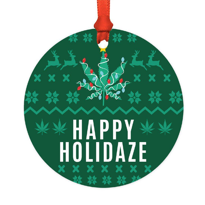 Funny Cannabis Weed Round Metal Christmas Ornament-Set of 1-Andaz Press-Happy Holidaze-
