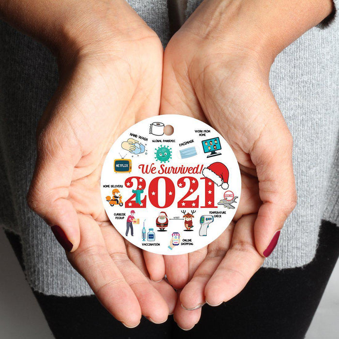 Funny Christmas Ornaments 2021 Round Metal Ornament, White Elephant Ideas-Set of 1-Andaz Press-We Survived 2021-