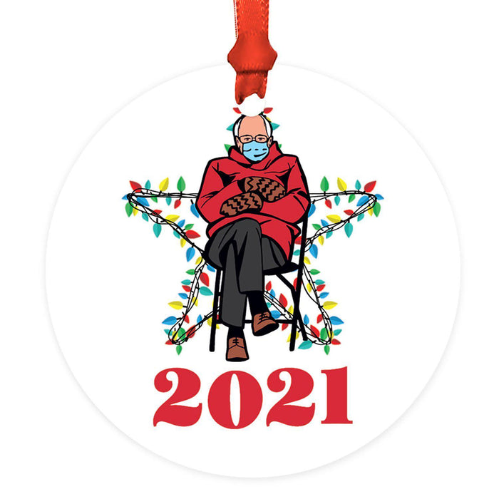 Funny Christmas Ornaments 2021 Round Metal Ornament, White Elephant Ideas-Set of 1-Andaz Press-Bernie Mittens 2021-