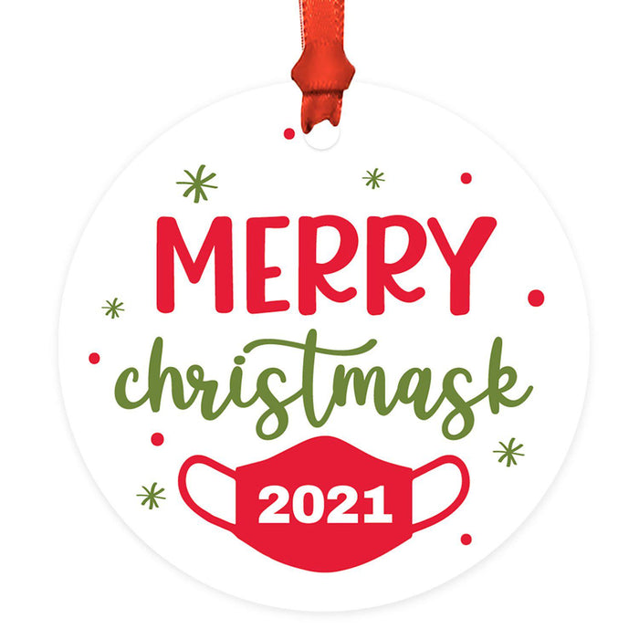 Funny Christmas Ornaments 2021 Round Metal Ornament, White Elephant Ideas-Set of 1-Andaz Press-Merry Christmask 2021-