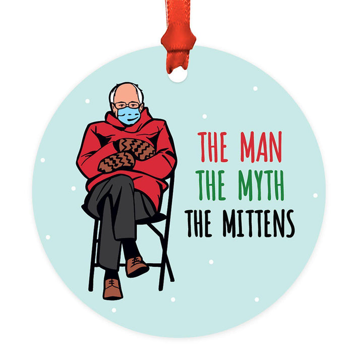 Funny Christmas Ornaments 2021 Round Metal Ornament, White Elephant Ideas-Set of 1-Andaz Press-The Man The Myth THe Mittens Bernie-