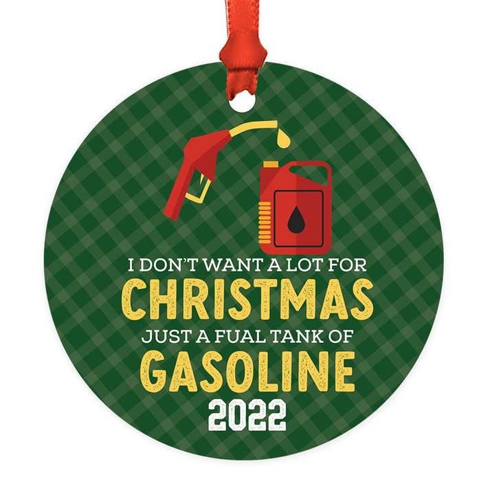 Funny Gas Round Metal Christmas Tree Ornament 2022, White Elephant Ideas-Set of 1-Andaz Press-A Full Tank Of Gasoline-