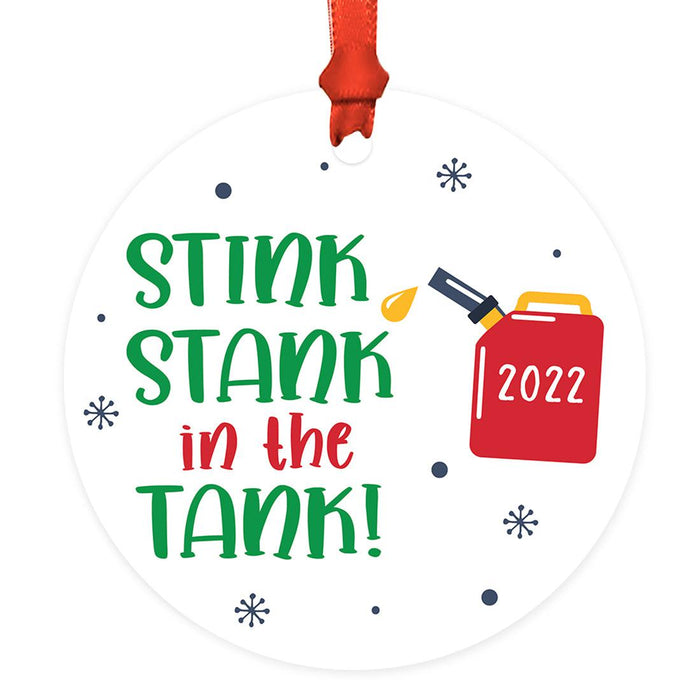 Funny Gas Round Metal Christmas Tree Ornament 2022, White Elephant Ideas-Set of 1-Andaz Press-Stink Stank In The Tank-