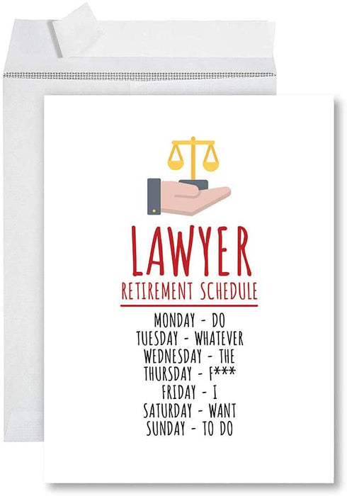 Funny Jumbo Retirement Card With Envelope Greeting Card For Essential Workers-Set of 1-Andaz Press-Lawyer Retirement Schedule-