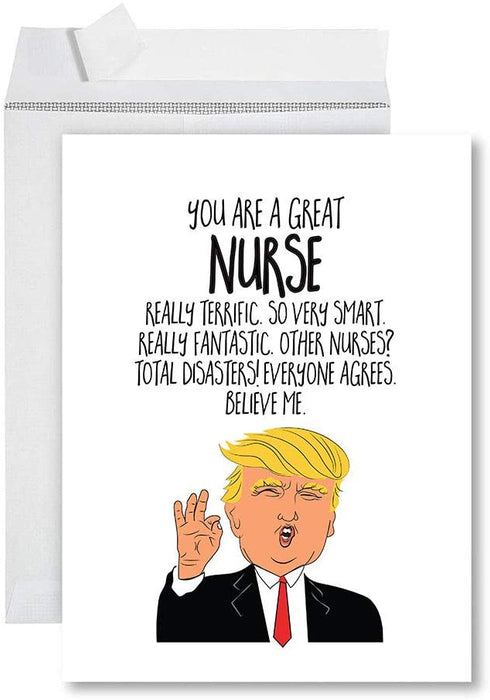Funny Jumbo Retirement Card With Envelope Greeting Card For Essential Workers-Set of 1-Andaz Press-Trump You're A Great Nurse-