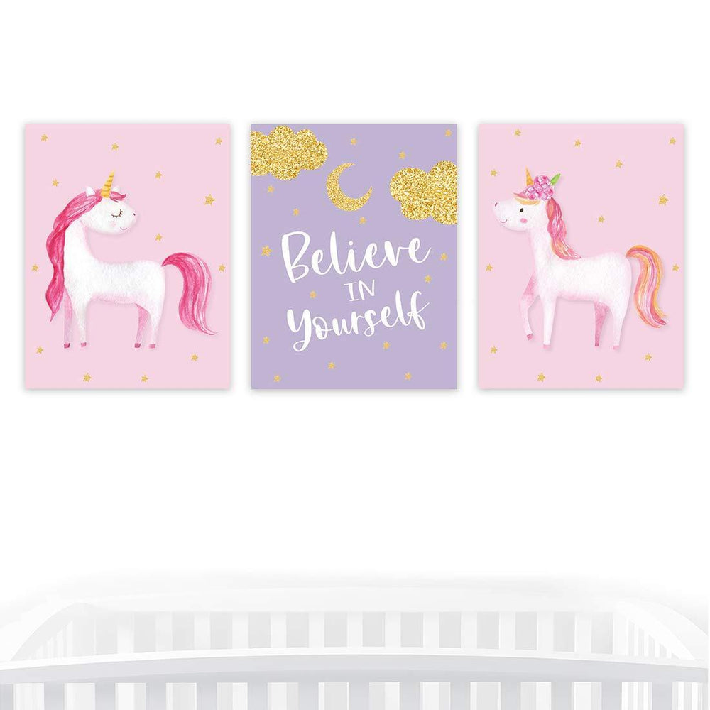 Girls Nursery Room Wall Art, Pink Lavender Unicorn Believe in Yourself-Set of 3-Andaz Press-