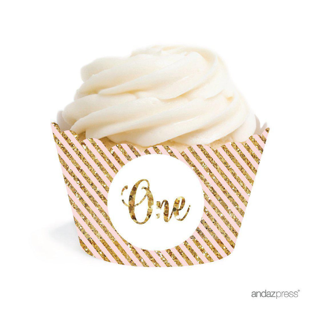 Gold Glitter 1st Birthday Cupcake Wrappers-Set of 24-Andaz Press-Pink-