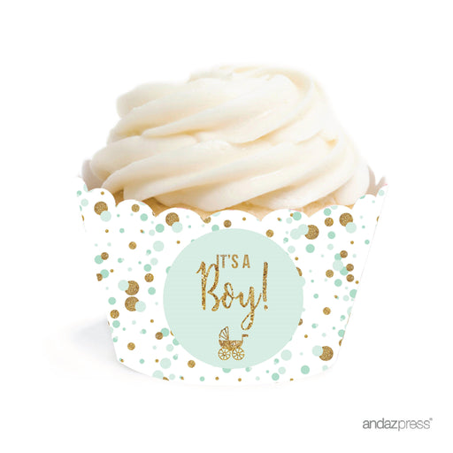 Gold Glitter Baby Shower Cupcake Wrappers-Set of 24-Andaz Press-Mint Green-