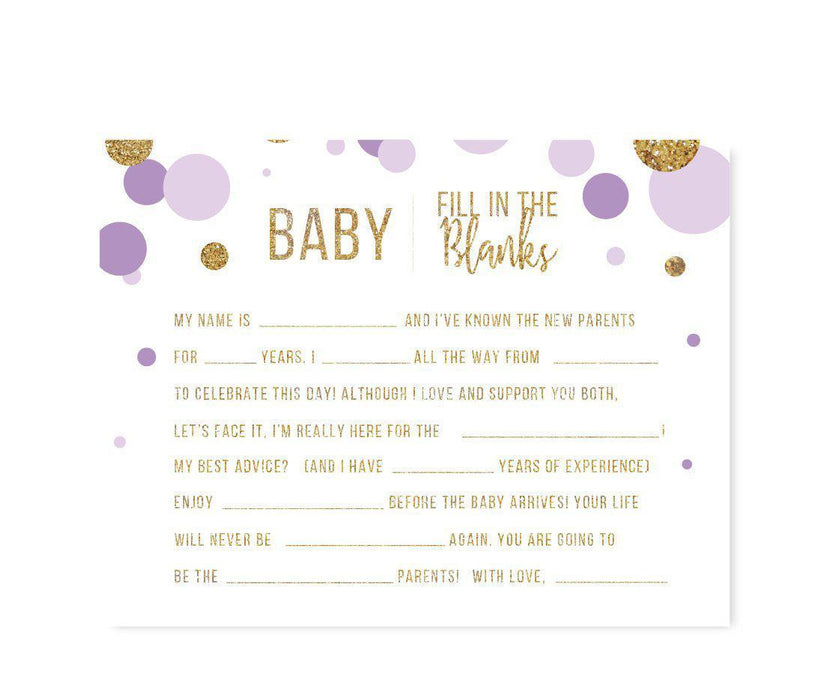 Gold Glitter Baby Shower Games & Activities-Set of 20-Andaz Press-Lavender-Baby Fill in the Blanks-