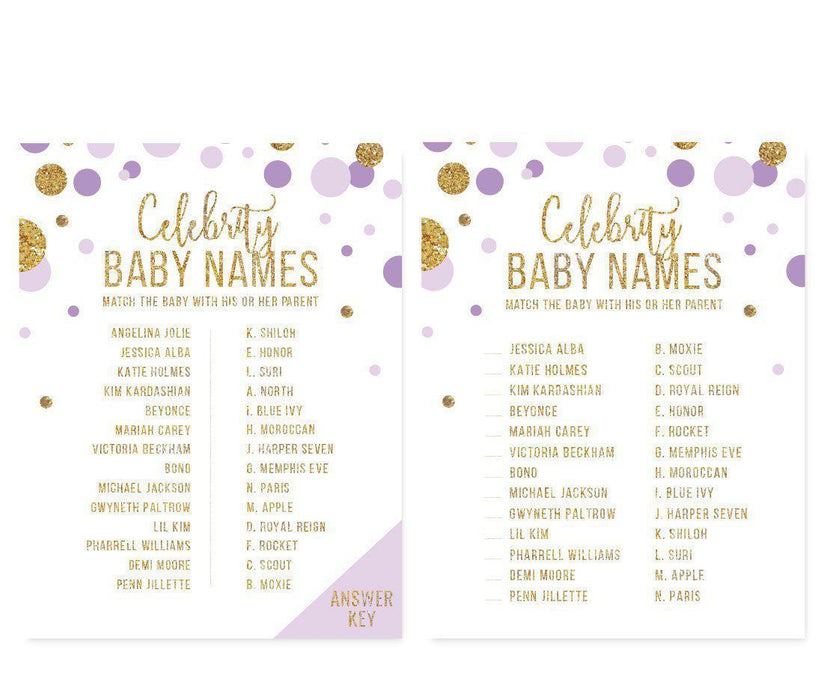 Gold Glitter Baby Shower Games & Activities-Set of 20-Andaz Press-Lavender-Celebrity Name Game-