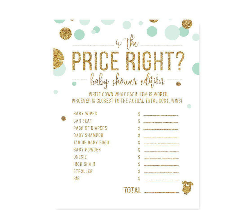 Gold Glitter Baby Shower Games & Activities-Set of 20-Andaz Press-Mint Green-Is The Price Right? Game-