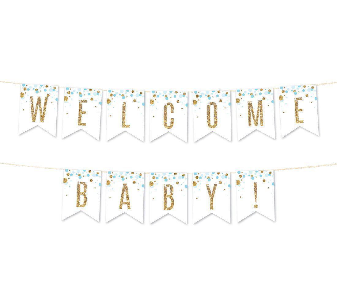 Gold Glitter Baby Shower Party Pennant Banner-Set of 1-Andaz Press-Baby Blue-