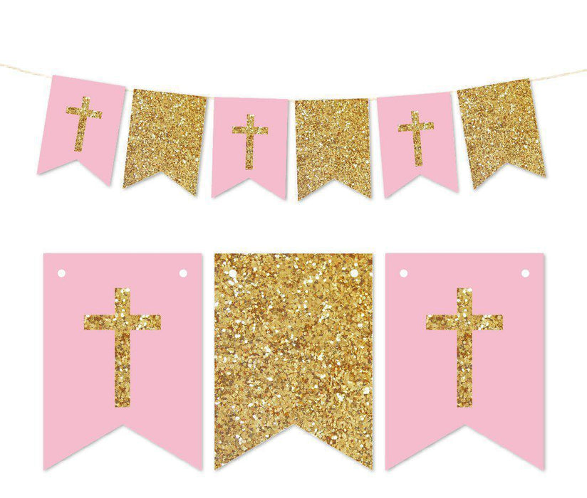 Gold Glitter Baptism Communion Christening Pennant Party Banner-Set of 1-Andaz Press-Pink-