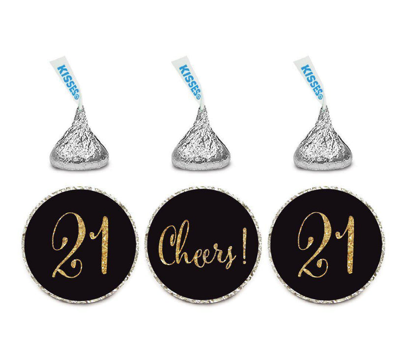 Gold Glitter Hershey's Kisses Stickers, Cheers 21, Happy 21st Birthday, Anniversary, Reunion-Set of 216-Andaz Press-Black-
