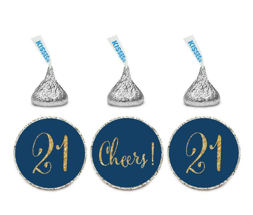 Gold Glitter Hershey's Kisses Stickers, Cheers 21, Happy 21st Birthday, Anniversary, Reunion-Set of 216-Andaz Press-Navy Blue-