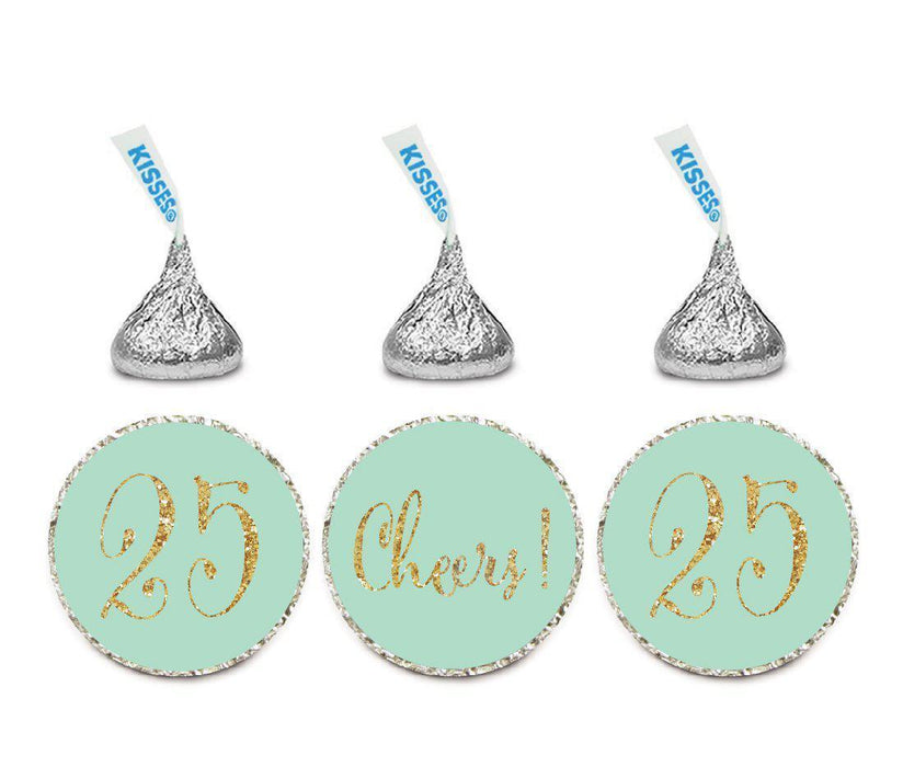 Gold Glitter Hershey's Kisses Stickers, Cheers 25, Happy 25th Birthday, Anniversary, Reunion-Set of 216-Andaz Press-Mint Green-