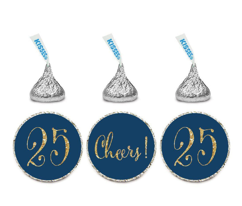Gold Glitter Hershey's Kisses Stickers, Cheers 25, Happy 25th Birthday, Anniversary, Reunion-Set of 216-Andaz Press-Navy Blue-