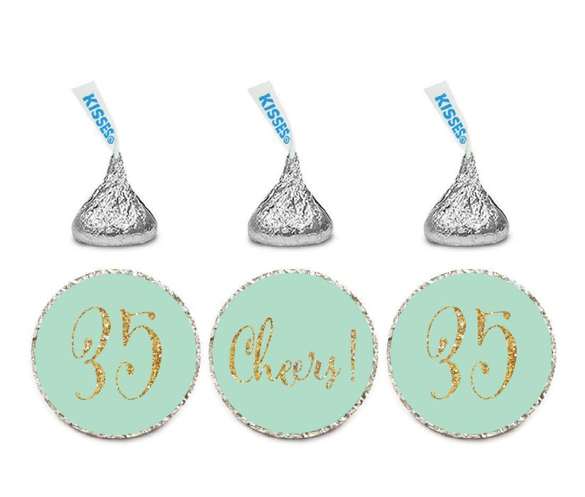 Gold Glitter Hershey's Kisses Stickers, Cheers 35, Happy 35th Birthday, Anniversary, Reunion-Set of 216-Andaz Press-Mint Green-