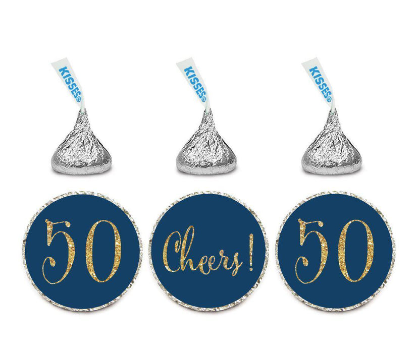 Gold Glitter Hershey's Kisses Stickers, Cheers 50, Happy 50th Birthday, Anniversary, Reunion-Set of 216-Andaz Press-Navy Blue-
