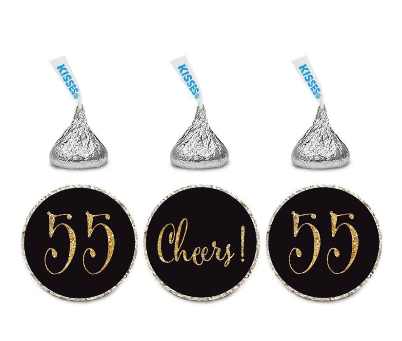Gold Glitter Hershey's Kisses Stickers, Cheers 55, Happy 55th Birthday, Anniversary, Reunion-Set of 216-Andaz Press-Black-