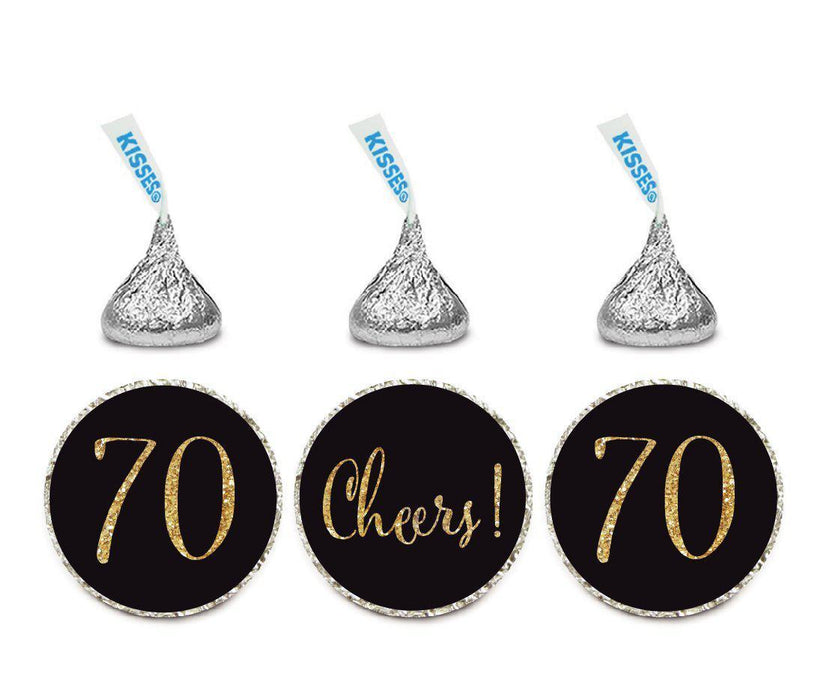 Gold Glitter Hershey's Kisses Stickers, Cheers 70, Happy 70th Birthday, Anniversary, Reunion-Set of 216-Andaz Press-Black-