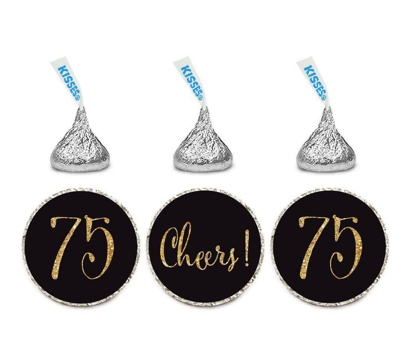 Gold Glitter Hershey's Kisses Stickers, Cheers 75, Happy 75th Birthday, Anniversary, Reunion-Set of 216-Andaz Press-Black-
