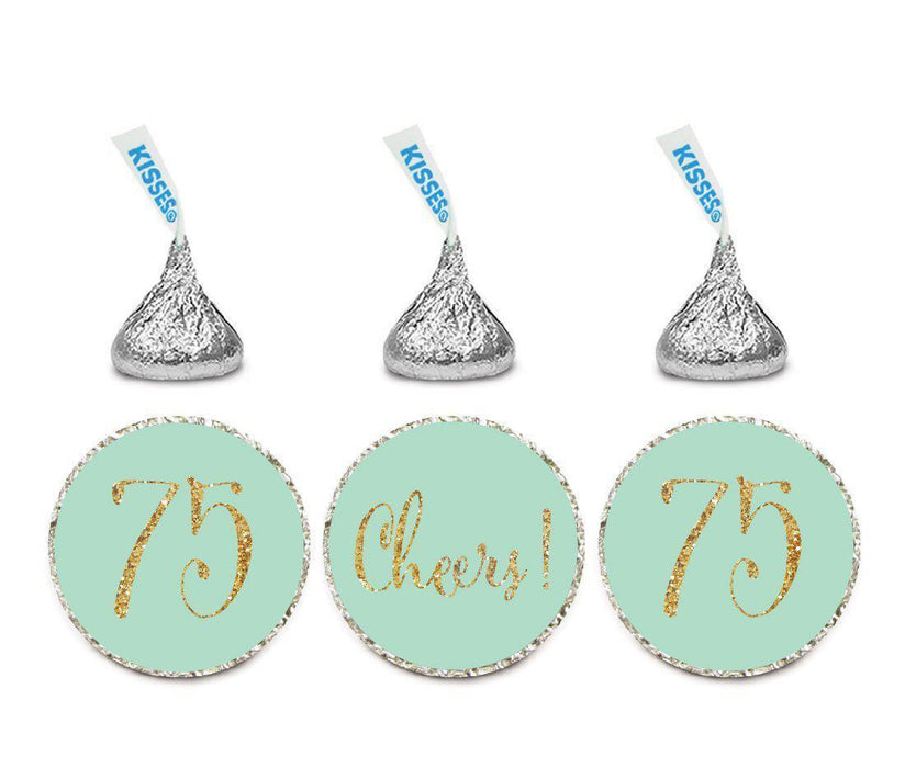 Gold Glitter Hershey's Kisses Stickers, Cheers 75, Happy 75th Birthday, Anniversary, Reunion-Set of 216-Andaz Press-Mint Green-