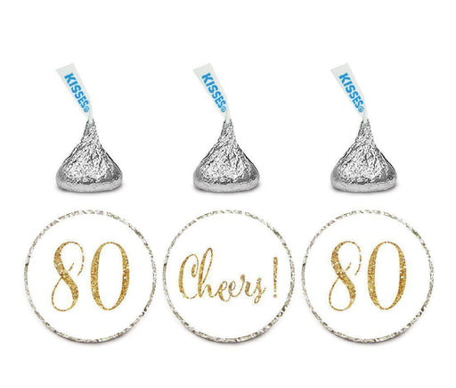 Gold Glitter Hershey's Kisses Stickers, Cheers 80, Happy 80th Birthday, Anniversary, Reunion-Set of 216-Andaz Press-White-