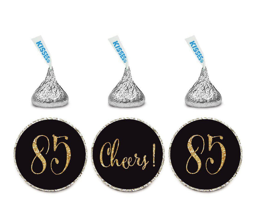 Gold Glitter Hershey's Kisses Stickers, Cheers 85, Happy 85th Birthday, Anniversary, Reunion-Set of 216-Andaz Press-Black-
