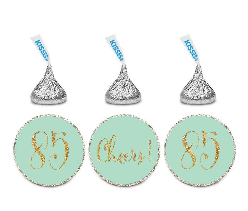 Gold Glitter Hershey's Kisses Stickers, Cheers 85, Happy 85th Birthday, Anniversary, Reunion-Set of 216-Andaz Press-Mint Green-