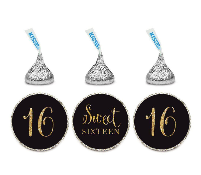 Gold Glitter Sweet 16 Birthday Kisses Stickers-Set of 216-Andaz Press-Black-