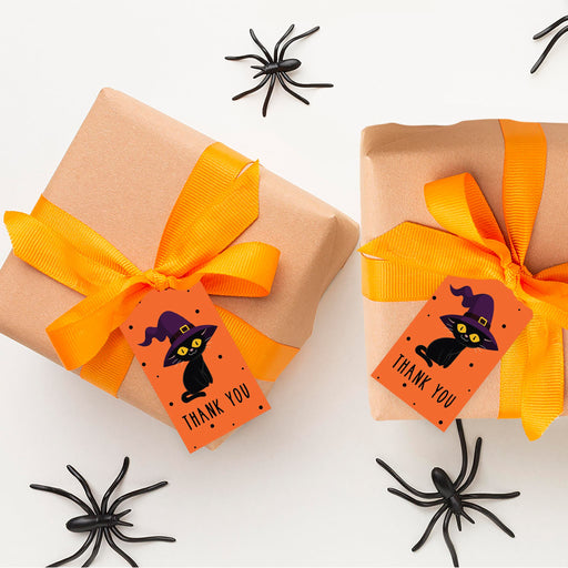 Halloween Gift Tags With String For Kids Gift Bags Candy Packaging Supplies Baking Wrapping-Set of 100-Andaz Press-Black Cat-