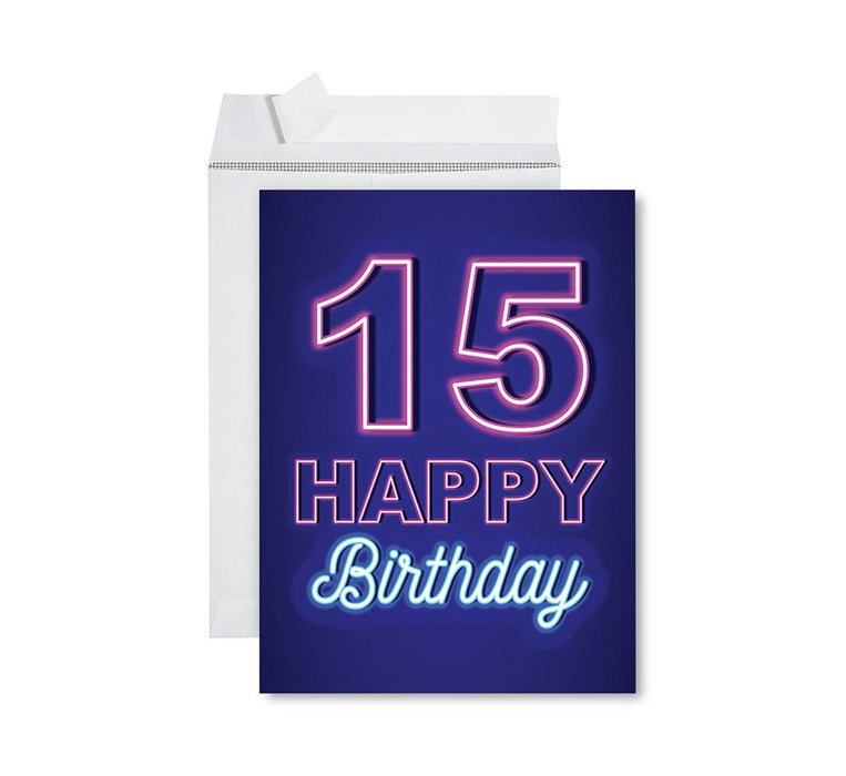 Jumbo Happy 15 Birthday Card with Envelope-Set of 1-Andaz Press-Neon Lights-