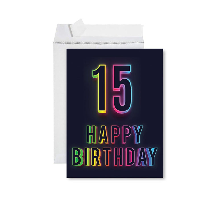 Jumbo Happy 15 Birthday Card with Envelope-Set of 1-Andaz Press-Neon Rainbow-