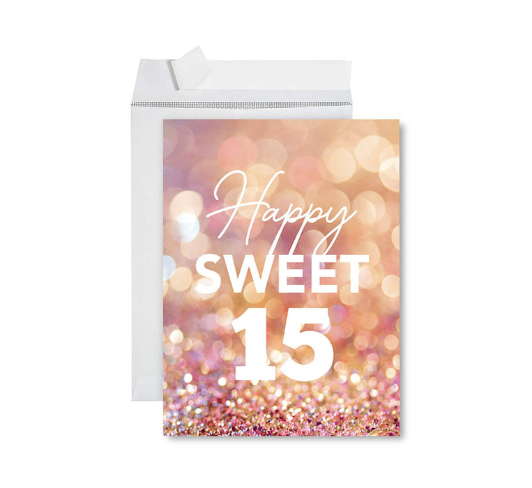 Jumbo Happy 15 Birthday Card with Envelope-Set of 1-Andaz Press-Pink and Gold Glitter-