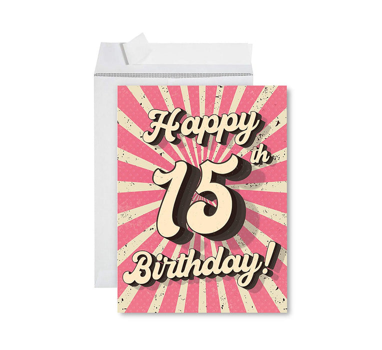 Jumbo Happy 15 Birthday Card with Envelope-Set of 1-Andaz Press-Retro Vintage-