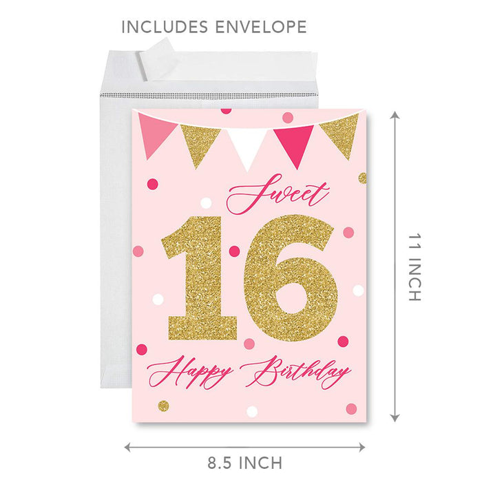 Jumbo Happy 16 Birthday Card with Envelope-Set of 1-Andaz Press-Sweet 16-