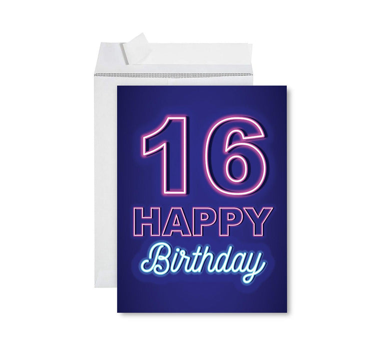 Jumbo Happy 16 Birthday Card with Envelope-Set of 1-Andaz Press-Neon Lights-
