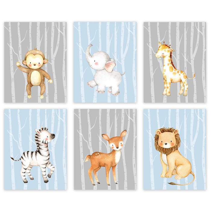Jungle Safari Theme Nursery Room Hanging Wall Art-Set of 6-Andaz Press-Blue Gray Trees, Lion, Zebra, Giraffe, Deer, Elephant, Monkey Graphics-