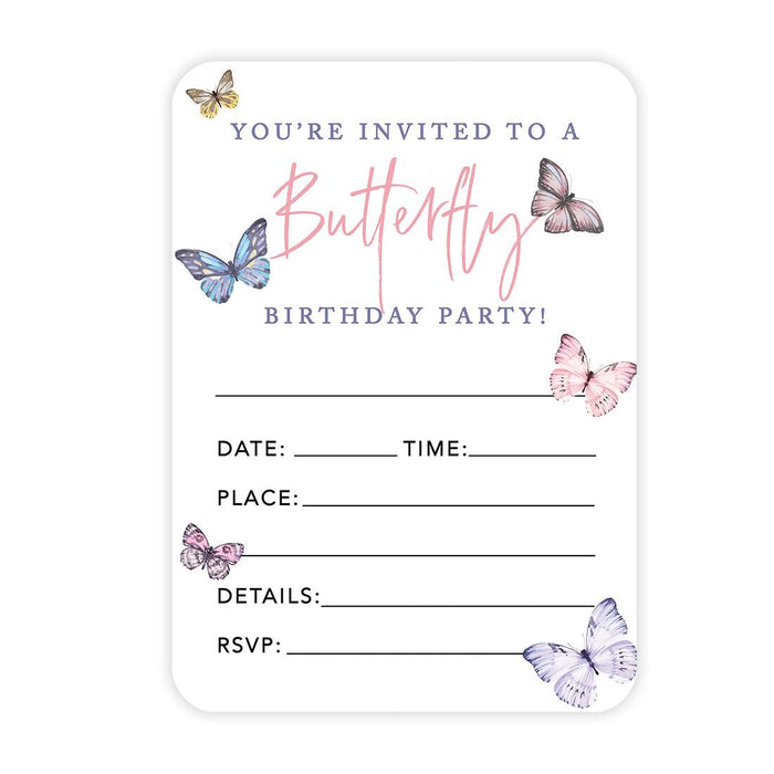 Kids Birthday Blank Party Invitations with Envelopes-Set of 24-Andaz Press-Butterfly-