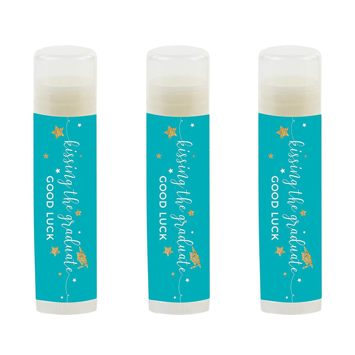 Kissing The Graduate Good Luck! Lip Balm Favors-Set of 12-Andaz Press-Aqua Turquoise and Gold Glittering-