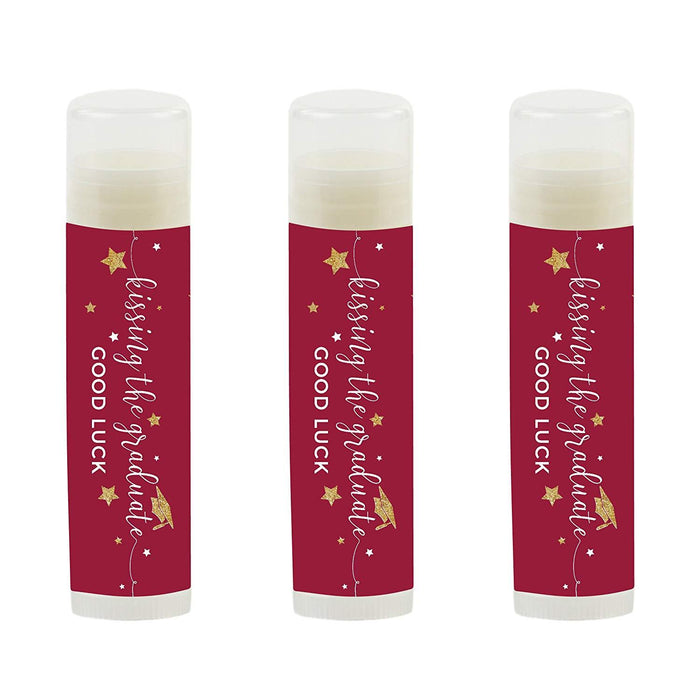 Kissing The Graduate Good Luck! Lip Balm Favors-Set of 12-Andaz Press-Burgundy Maroon and Gold Glittering-