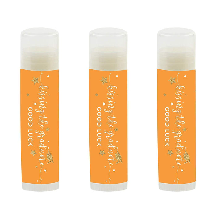 Kissing The Graduate Good Luck! Lip Balm Favors-Set of 12-Andaz Press-Orange and Gold Glittering-