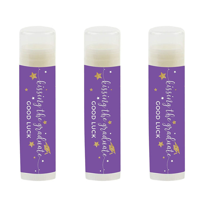 Kissing The Graduate Good Luck! Lip Balm Favors-Set of 12-Andaz Press-Royal Purple and Gold Glittering-